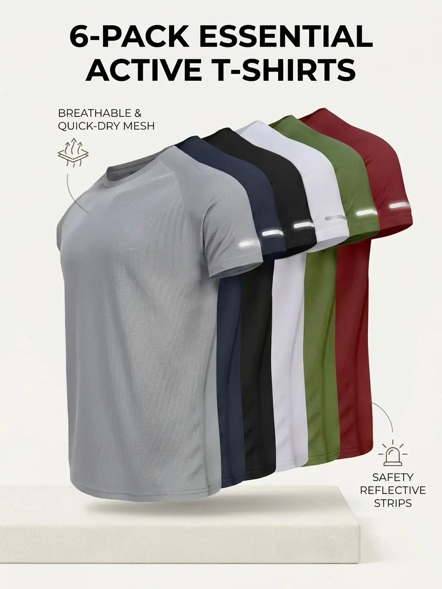 Men's 6-Pack T-Shirts, Crewneck Mesh Athletic Tees, Quick Dry Gym-to-Casual Tops with Reflective Strips & Durable Stitching, Men's T Shirts