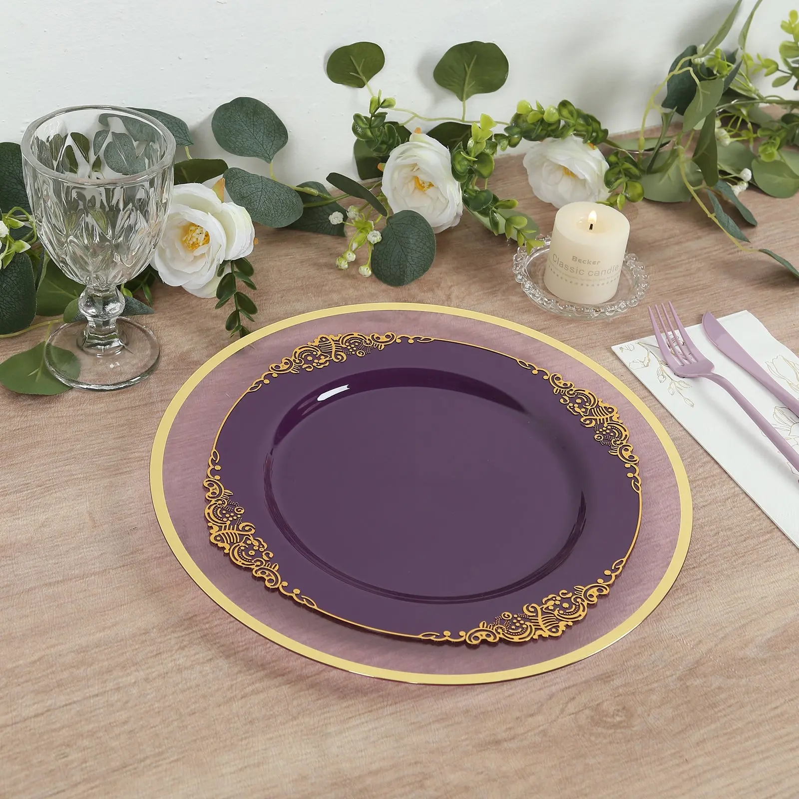 10-Pack Elegant Plastic 10" Round Disposable Dinner Plates - Purple with Gold Leaf Embossed Rim, Vintage Baroque Plates for Wedding Disposable Dinnerware, Elegant Plastic Plates