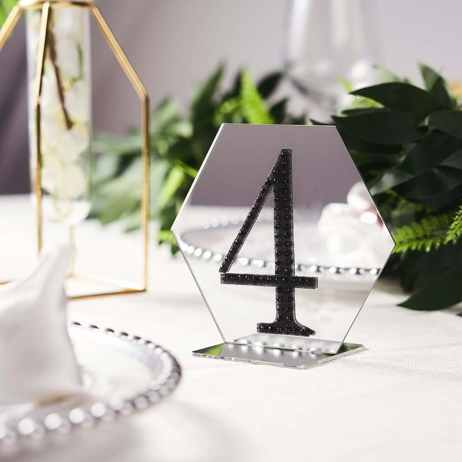 5-Pack Sturdy Silver Hexagon Acrylic Table Sign Holders, 5" Home Decor Place Card Holders for Party, Anniversary, Modern Event Centerpieces & Outdoor Desktop Displays, Outdoors