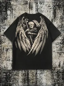 Men's Black Oversized Grim Reaper Graphic T-Shirt | Winged Skull & Scythe Print, Gothic Aesthetic, Soft Fabric, Perfect for Streetwear, Emo Style & Casual Outfits | Trendy Statement Tee