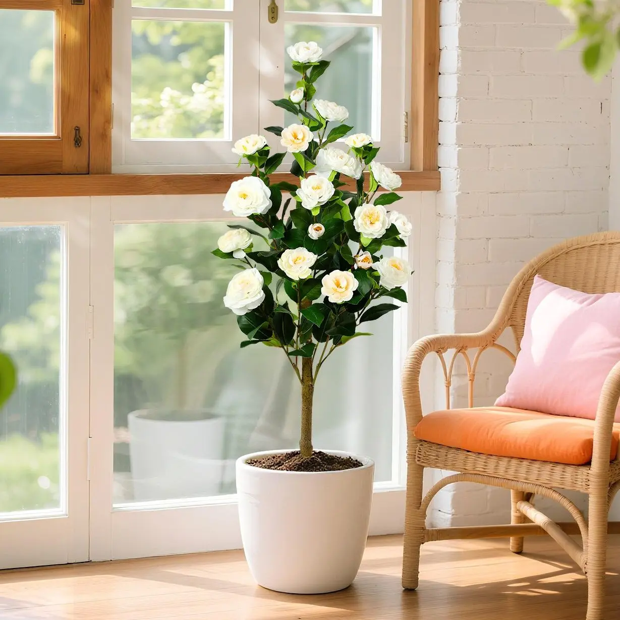 SHareconn 2-Pack 40-49in Decorative Artificial Silk Camellia Trees, Prune-Free Ever-Fresh Color Plants with Realistic Trunk & Blooms, Low-Maintenance Indoor Home Decor for Living Room
