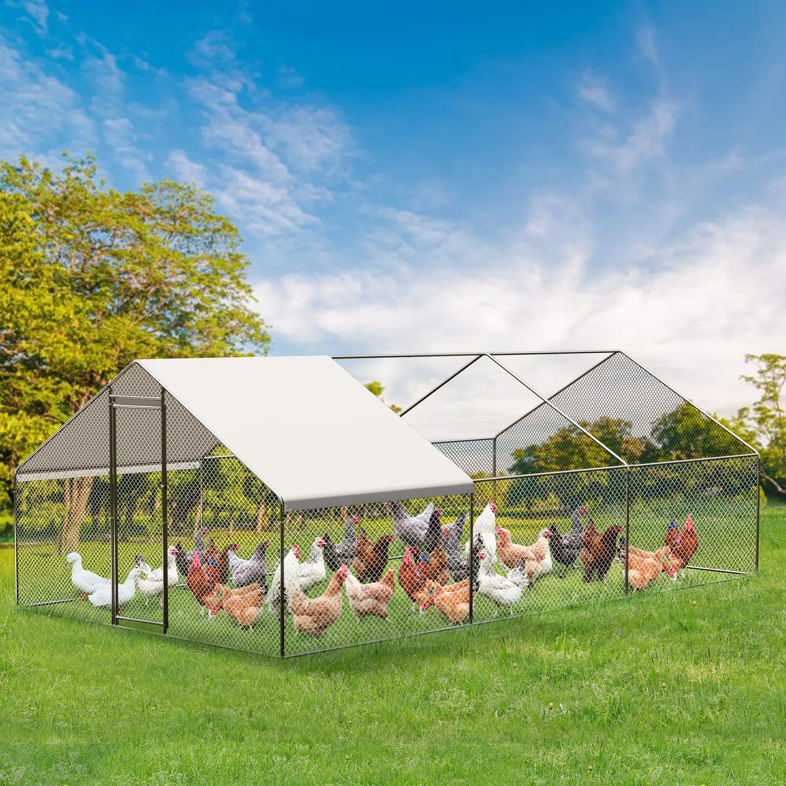 Large walk-in metal chicken coop with waterproof and UV resistant ceiling, heavy-duty outdoor poultry cage chicken coop, suitable for backyard and farm, perfect for chickens, ducks, rabbits