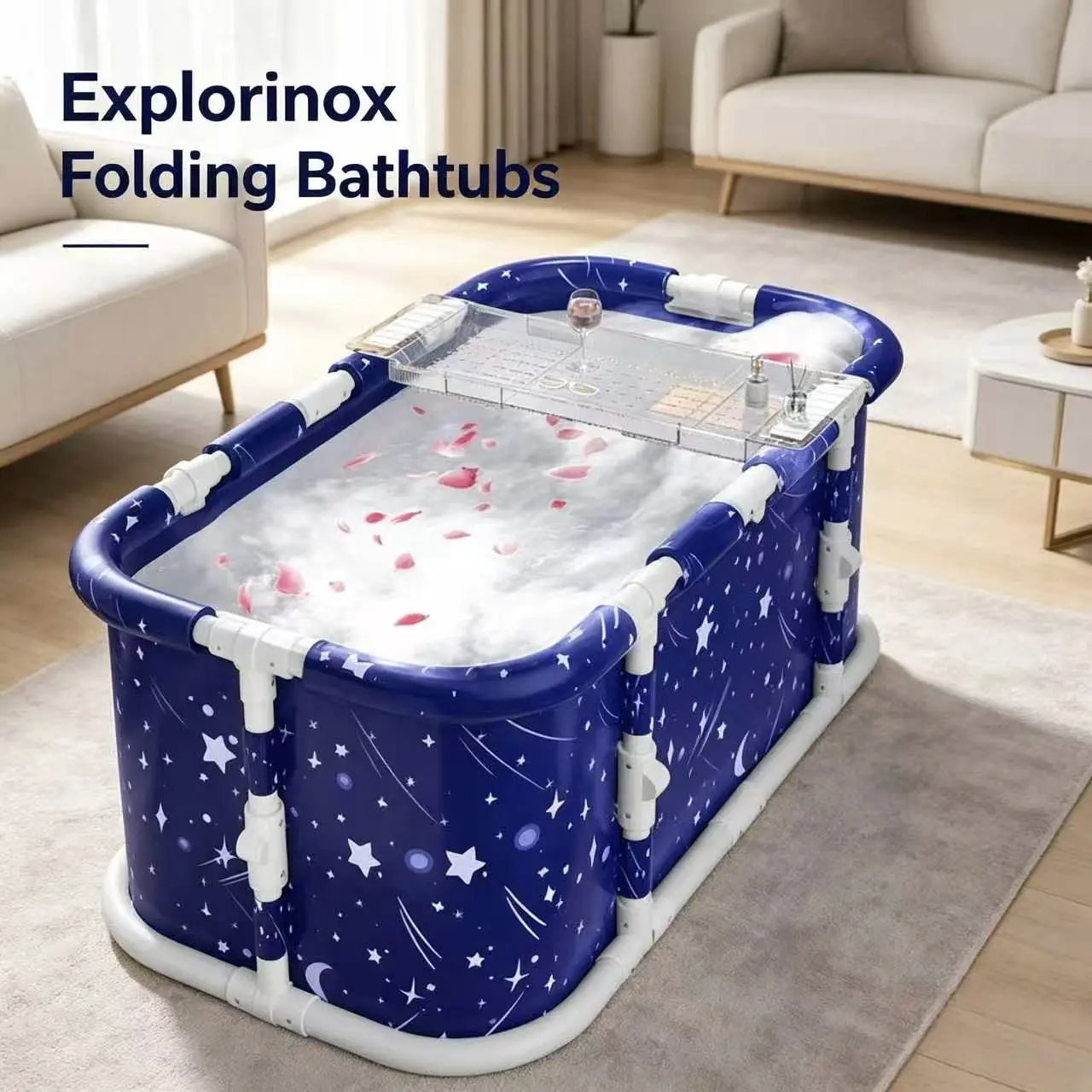 Explorinox (45.28*23.6*19.68in) Foldable Bathtub for Adults, Large Portable Collapsible Tub with Frame, Freestanding Home Bath Tub for Family Use (Starry Blue)