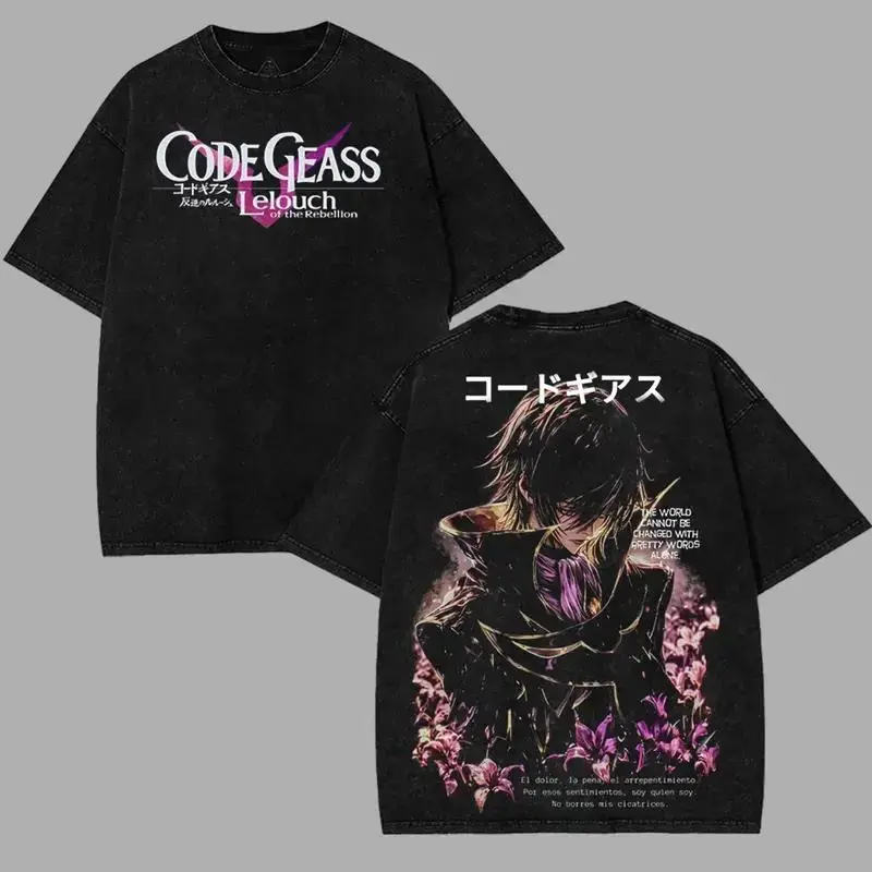 Lelouch Demon Emperor Code geass anime manga game 2 sided Washed Tshirt Menswear Soft Streetwear 90s graphic tees anime manga acid unisex retrovintage merch