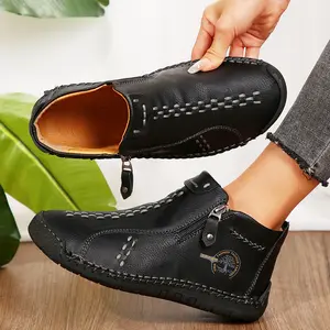 Women Hand Sewn Leather Outdoor Casual Boots And Short Boots Slip Resistant Durable Fashion Side Zipper Design