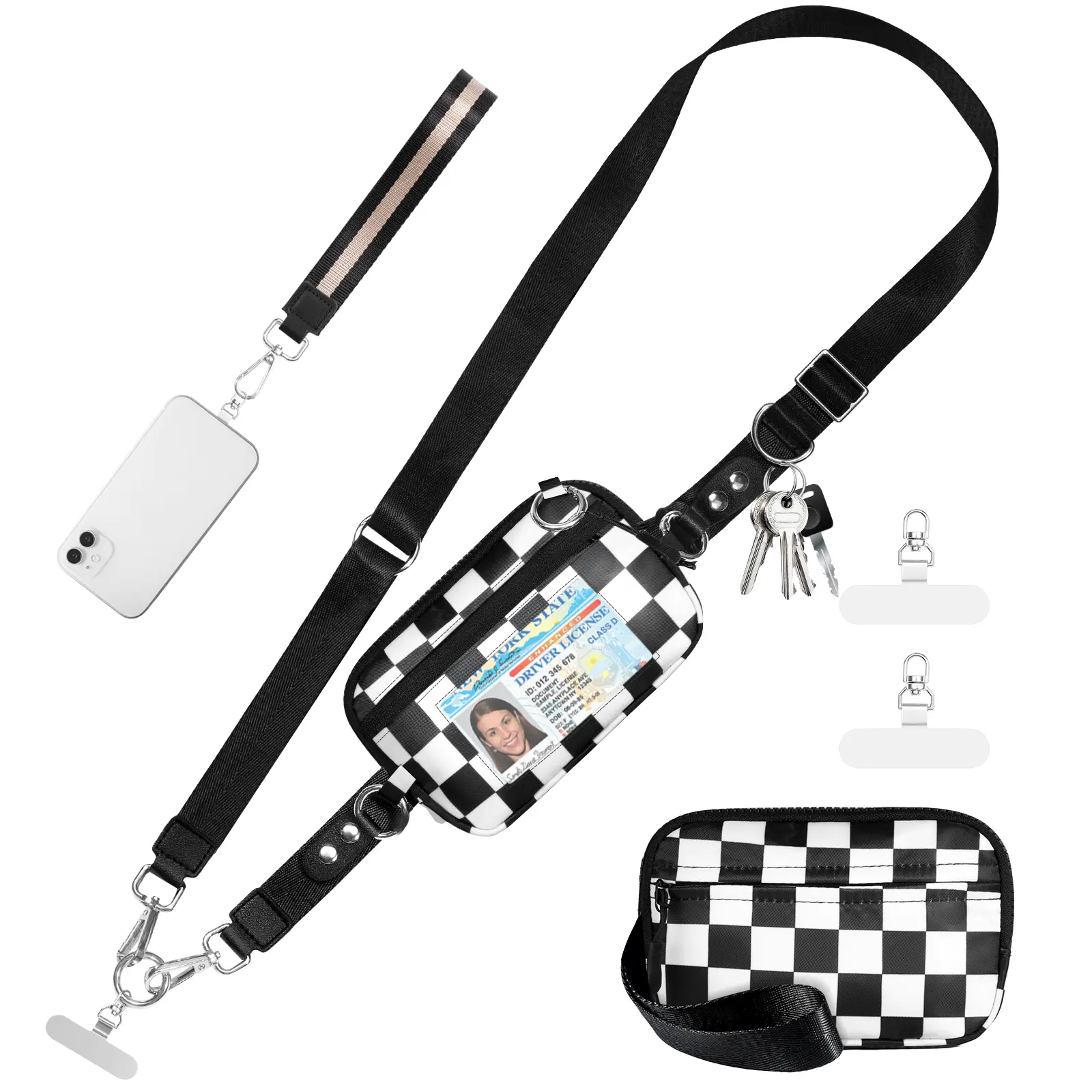 Waterproof Nylon Alloy RFID Wristlet Wallet for Mobile Phones - Fabric Accessory with Clip-and-Go Strap, Adjustable Detachable Crossbody Lanyard/Phone Sling, ID Window, Zippered Checkered Chic for Days Safety Design (Ideal for Festivals), Water Proof, Cro