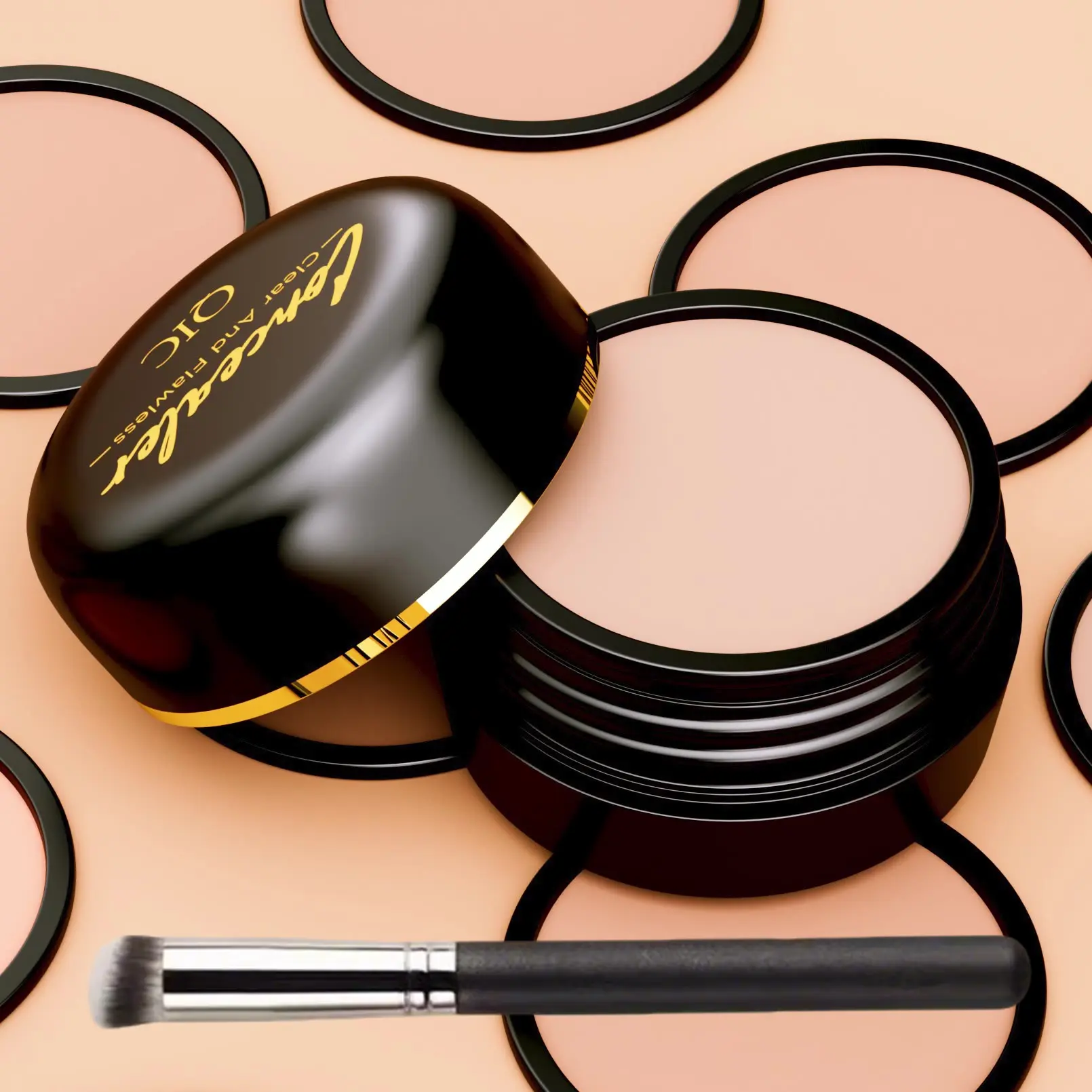 High coverage concealer set hides various skin flaws. Concealing dark circles and red skin, anti-wrinkle and waterproof. Comes with brush for fine retouch, present natural flawless nude makeup. Super Coverage Concealer