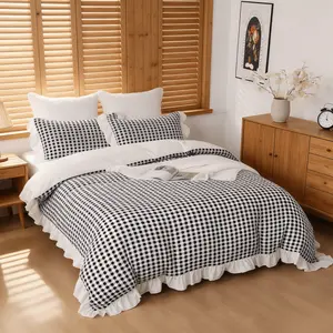 3Pcs Black White Gingham Duvet Cover Set, French Ruffle Vintage Design, Soft Skin-friendly Breathable Cozy, Ideal for Bedroom Dorm Home Decor Daily Use, Bedroom Bedding Set (No Filling, No Pillow Inserts)