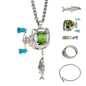 DeepJaw Outfitters Fishing Scroll Decoration Set - Mini Necklace&Ring for Fishing Enthusiasts, Suitable for Gift Giving