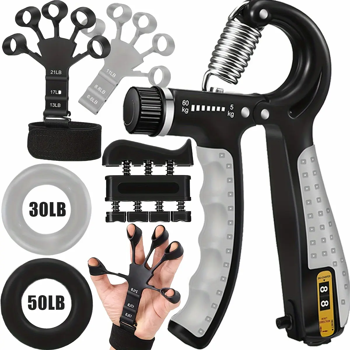 6 Hand Grip Strengthener Set With Finger Exerciser, Hand Extension Tool And Large Forearm Workout Ring For Muscle Development And Strength Training