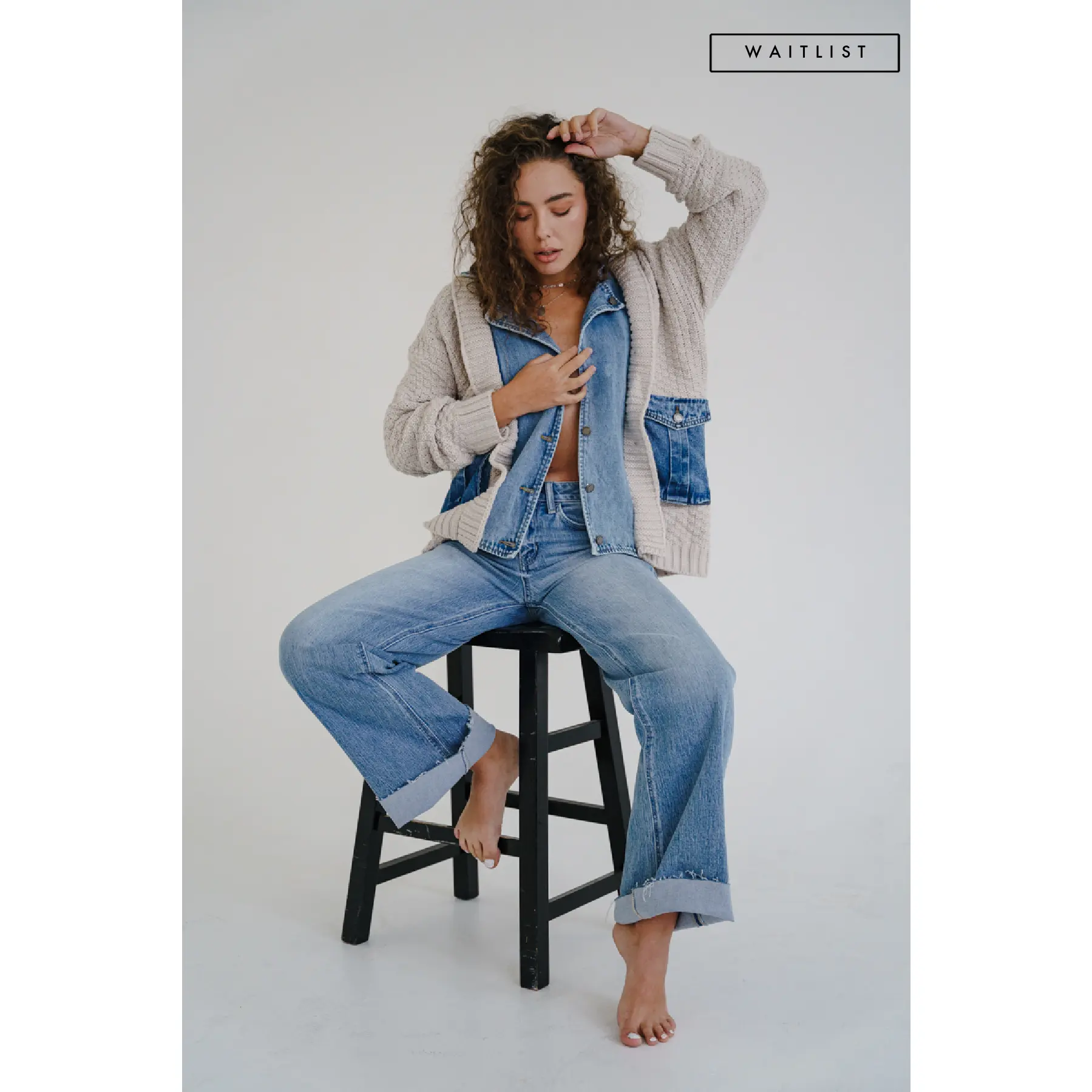 Waitlist 11/5 • Clarissa Long Sleeve Cable Knit Denim Trim One Size Shacket Cream