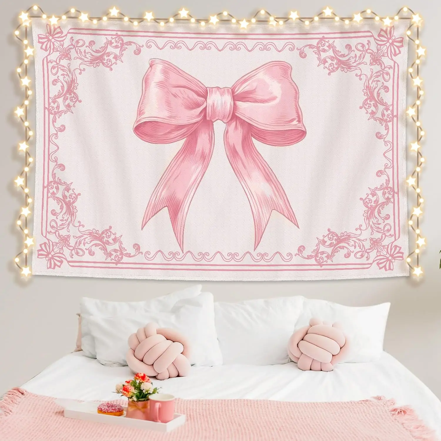 Pink  60" x 40" Coquette Pink Aesthetic Bedroom Hanging Wall Art Preppy  Decor Kit Cute Room Decoration for Women Girls Room Dorm Apartment(Bow) Flag Tapestry Decorative Cotton
