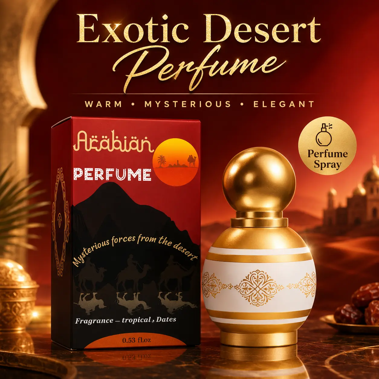 Unisex 15ml Exotic Desert Arabian EDP Spray - Warm Tropical Dates Fragrance, Long-Lasting Mysterious Oriental Scent, Luxurious Gold Decorative Bottle, Gift Box Included - Ideal for Holidays, Parties