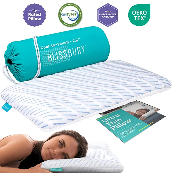 BLISSBURY 2.6" Stomach Sleeper Pillow for Neck Pain Relief Ultra-Thin Profile Dual-Sided Ice Yarn & Bamboo Cooling Cover for Spinal Alignment and Pressure Relief for belly and back sleepers