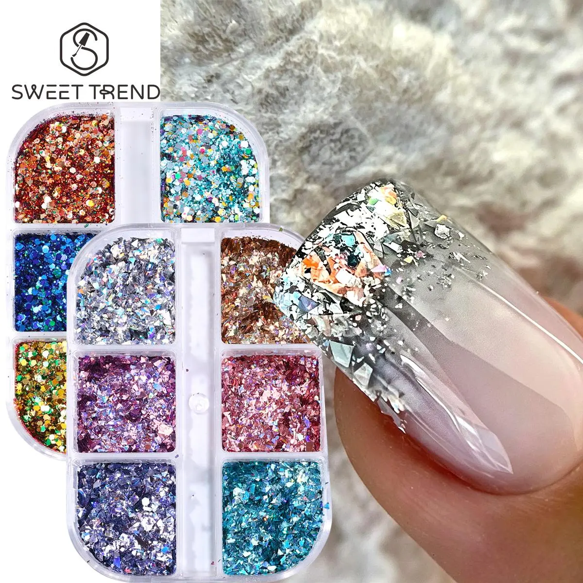 1/2 Boxes 6 Grids Laser Chameleon Nail Glitter Flakes Irregular Broken Sparkly Slices Holo Hexagon Round Sequins DIY Charm Decor
