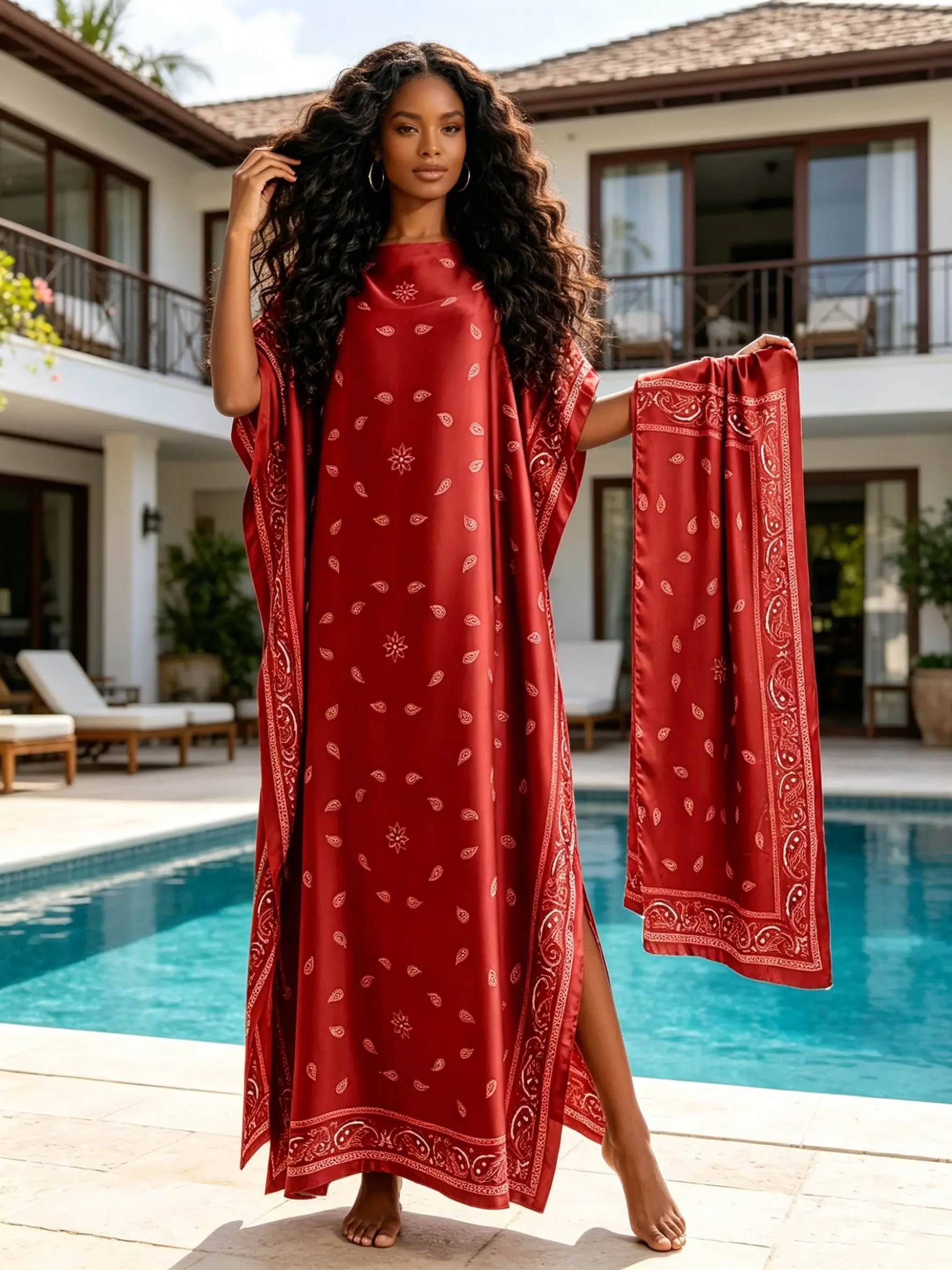2026 New Women's 2 Piece Red Bandana Print Kaftan Maxi Dress with Matching Scarf, Silky Loose Satin Robe, Plus Size Friendly, Beach Cover Up, Resort Vacation & Evening Party Wear, Kaftan Style