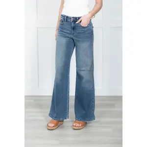 Women's High Rise Wide Leg Jeans - The Corey Retro Style in a Non-Distressed Medium Wash Stretch Cotton Denim