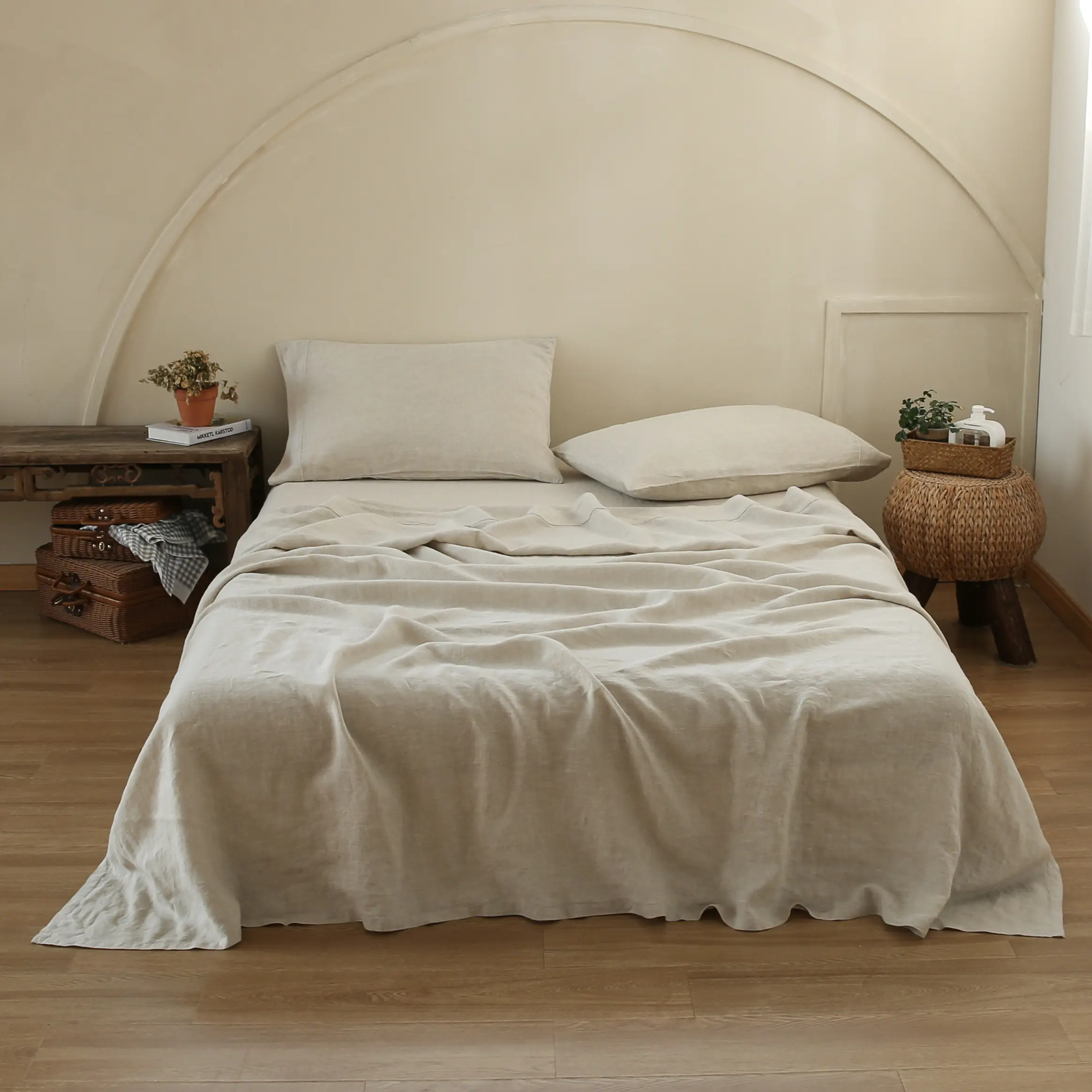 Simple&Opulence 100% Washed French Linen Sheet Set, Ultra Soft Breathable Bed Sheet, Natural Flax Farmhouse, Summervibes Bedding, Flat Sheet, Fitted Sheet, Pillowcase, tiktokshopsummersale