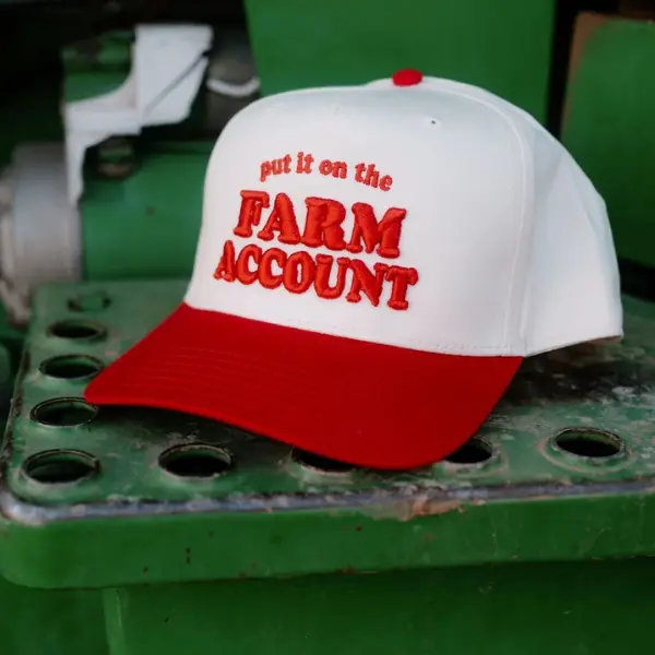 Put It On The Farm Account Trucker Hat  | Funny Farmer Baseball Hat | Agriculture Humor Cap | Red White Snapback Hat | Country Workwear Hat | Ranch Life Cap | Adjustable Outdoor Hat | Farmer Gift for Men | Rural Lifestyle Cap | Casual Everyday Hat