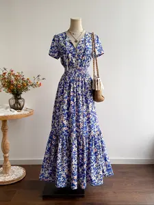 Women's Boho Style Long Dress, V Neck Short Sleeve Woven Fabric, Fitted Design for Casual Vacation & Beach