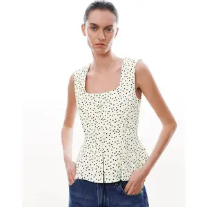 URBAN REVIVO 2026 Women's Ruched Sleeveless Square Neck Overhead Tank Cami Top - Fitted Cut, Medium-Length, Polka Dot Fabric, Polyester-Viscose Blend, UWG260062 | Women's Tops, Ruched Sleeveless Top