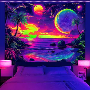 Galaxy Pattern Tapestry, 1 Count UV Reactive Beach Coconut Tree Sky Sunset Fluorescent Tapestry, Aesthetic Art Decoration Hanging Wall for Room Living Room Dormitory Dining Room, Tapestry Wall Mural