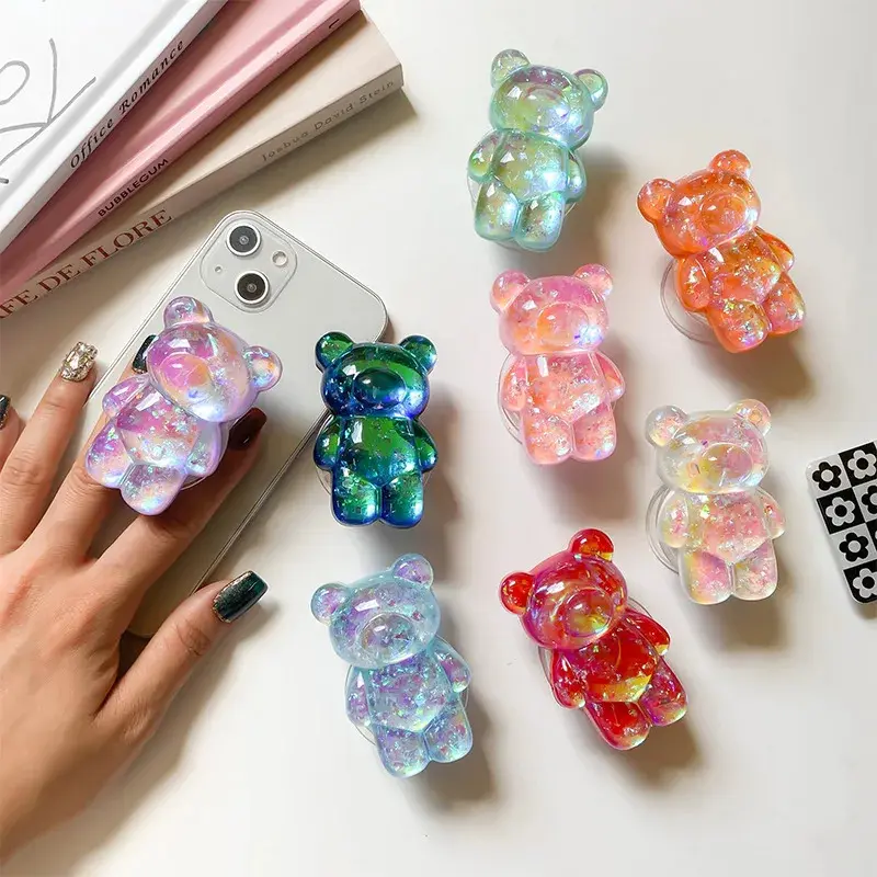 3D Glitter Bear Thumb Grip Stand Phone Holder & Mount, Expandable Adhesive Finger Ring, Foldable Adjustable Kickstand for iPhone & Samsung Android Phones, Cute Glitter Mobile Accessories, Cute Accessories Adjustable Cellphone Holder Car Cellphone Mount