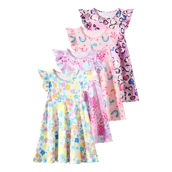 4-piece girls' #SummerVibes casual fashion dress girls' summer print fashion Joker breathable dress children's small flying sleeves popular summer dress.