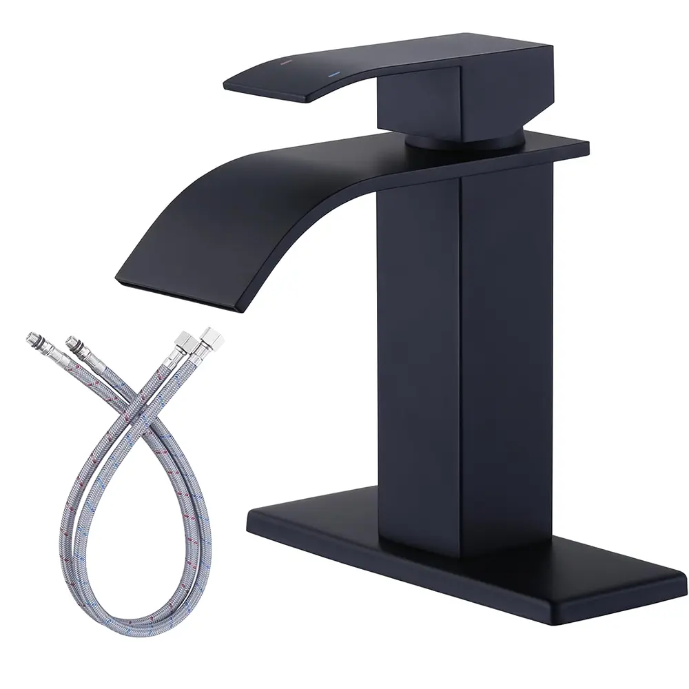 Waterfall Bathroom Faucet Matte Black Faucet for Bathroom Sink Single Handle Mixer Tap Lavatory Vanity Faucet with Deck Plate and Pop Up Drain, 1 or 3 Hole