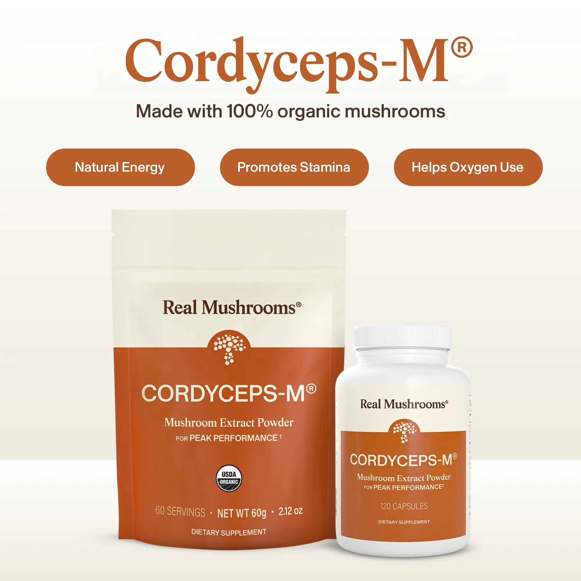 Real Mushrooms Organic Cordyceps M Capsules | Cordyceps Militaris 1000mg Per Serving | Hot Water Extracted | Lab Verified Potency | USDA Certified | Vegan Gluten Free | 120 or 300 Capsules