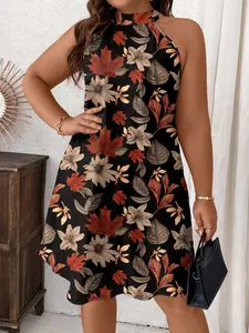 Summer New Plus Size Women's Fall Floral Leaf Print Halter Sleeveless A-Line Mini Dress, Casual Fashion Party Wear