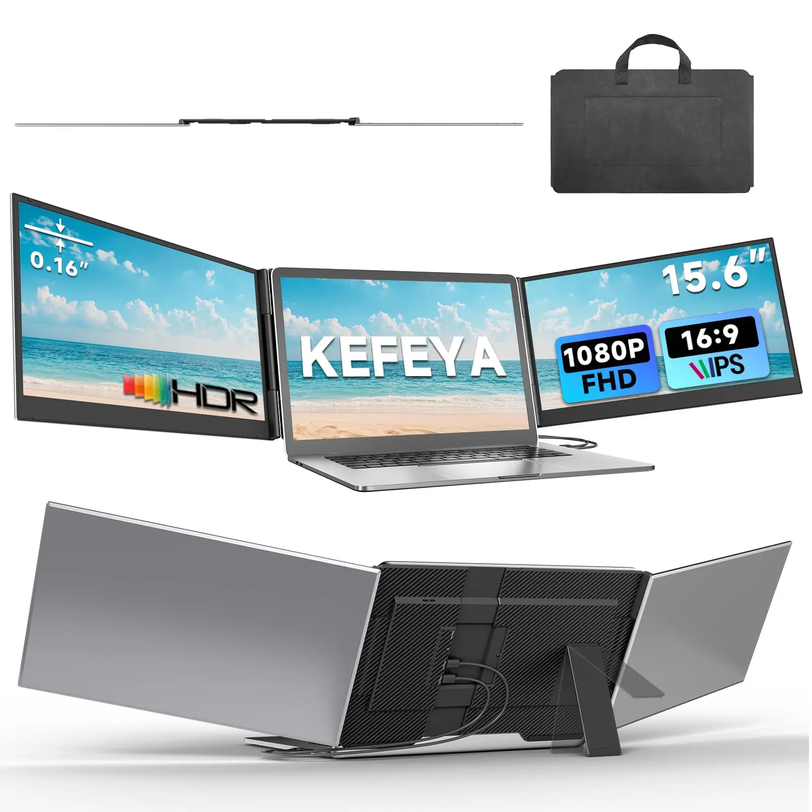 KEFEYA Laptop Screen Extender 15.6", 1080P FHD IPS Ultra-Slim Triple Portable Monitor for Laptop 12-17.3", Eyes Care HDR Travel Monitor, USB-C/HDMI Plug-Play Display Monitor Extender for macOS/Win and Phone summerwins,summerwins