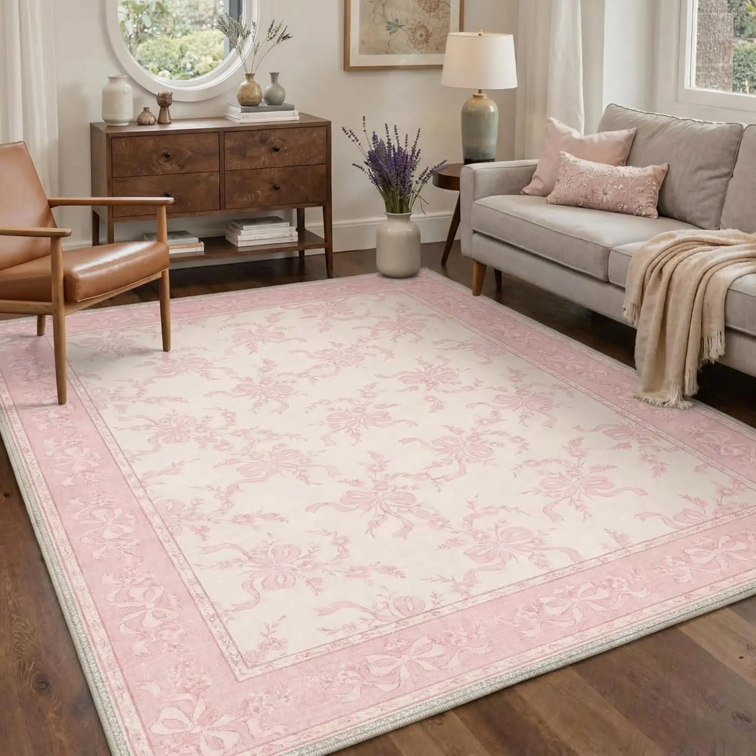 【Deals For You Days】GENIMO Washable Rug Machine Washable Low Pile Lightweight Non Slip Area Rugs with Floral Bows for Girls Kids Room Playroom Living Room, Bedroom, Dining Room, Flower Bow Dusty Pink