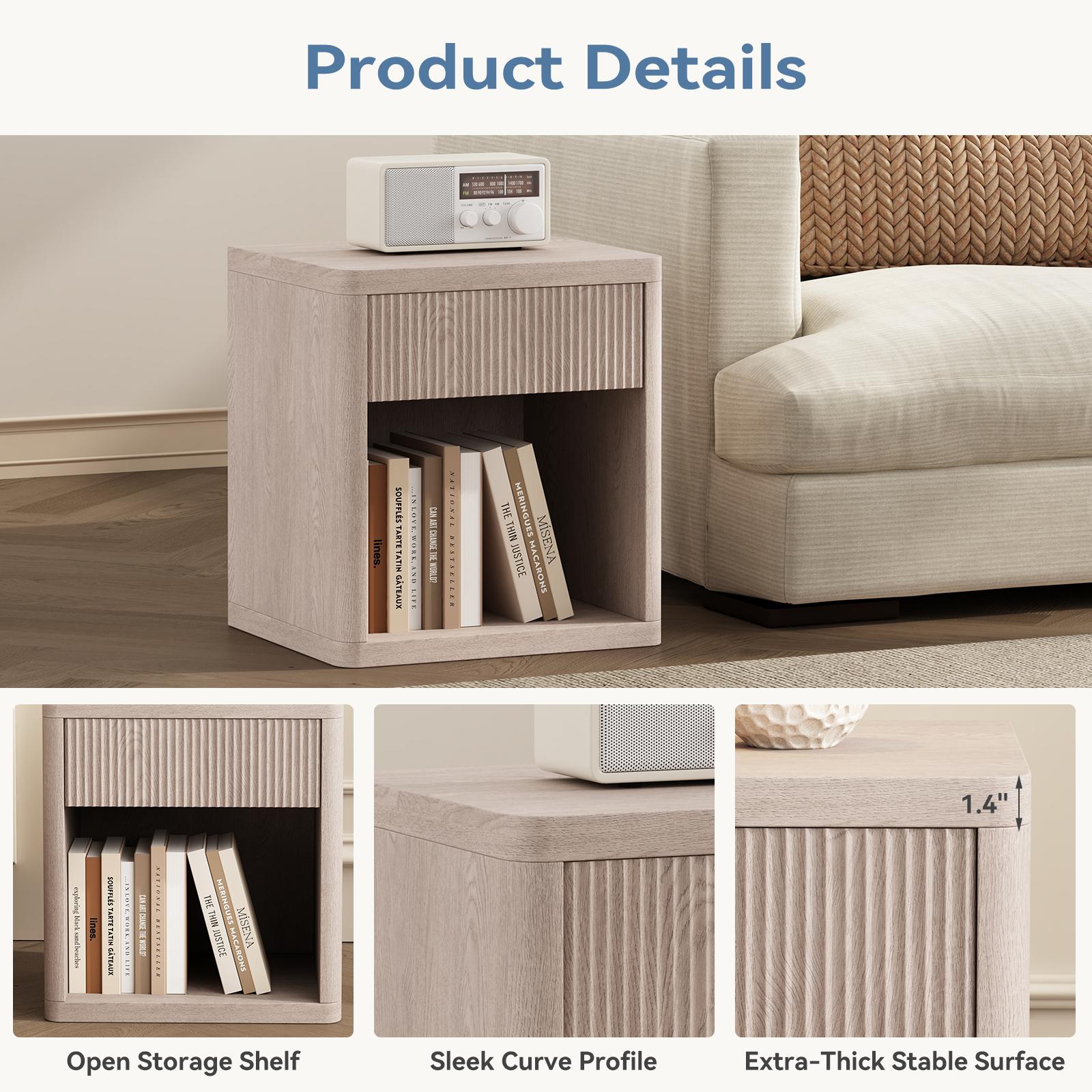 Mid-Century Modern Fluted Nightstand - 1-Drawer, 37mm Thick Body, 15 lbs Capacity, Durable Strong Construction, Open Shelf, Spacious Top, Particle Board Panel, Compact Indoor Bedroom Bedside Table Drawers for Small Spaces Mid-Century Modern Fluted Nightstand - 1-Drawer, 37mm Thick Body, 15 lbs Capacity, Durable Strong Construction, Open Shelf, Spacious Top, Particle Board Panel, Compact Indoor Bedroom Bedside Table Drawers for Small Spaces