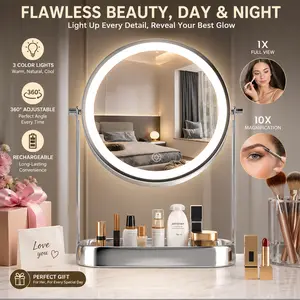 LED Vanity Mirror with Light, 1X/10X Round Dual-Sided Makeup Mirror, 3 Color Lights, 360° Adjustable, Rechargeable Vanity Mirror for Skincare & Makeup, Beauty Gift for Women