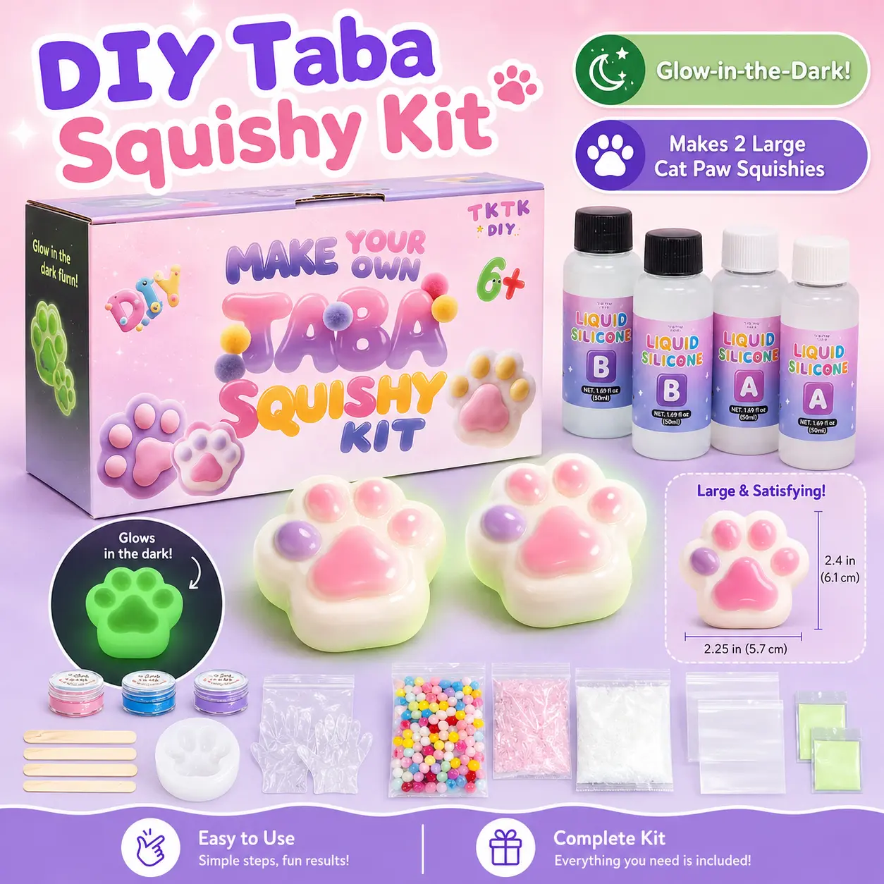 DIY Squishy Toy Kit- Glow in the Dark Big Cat Paw Taba Squishy with Rubber Tree Creative,Stress Relief Fidget Toys Squeeze Balls Stress Balls，Slime Making Kit Taba Craft Set,Gifts for Girls Kids Birthday Gifts