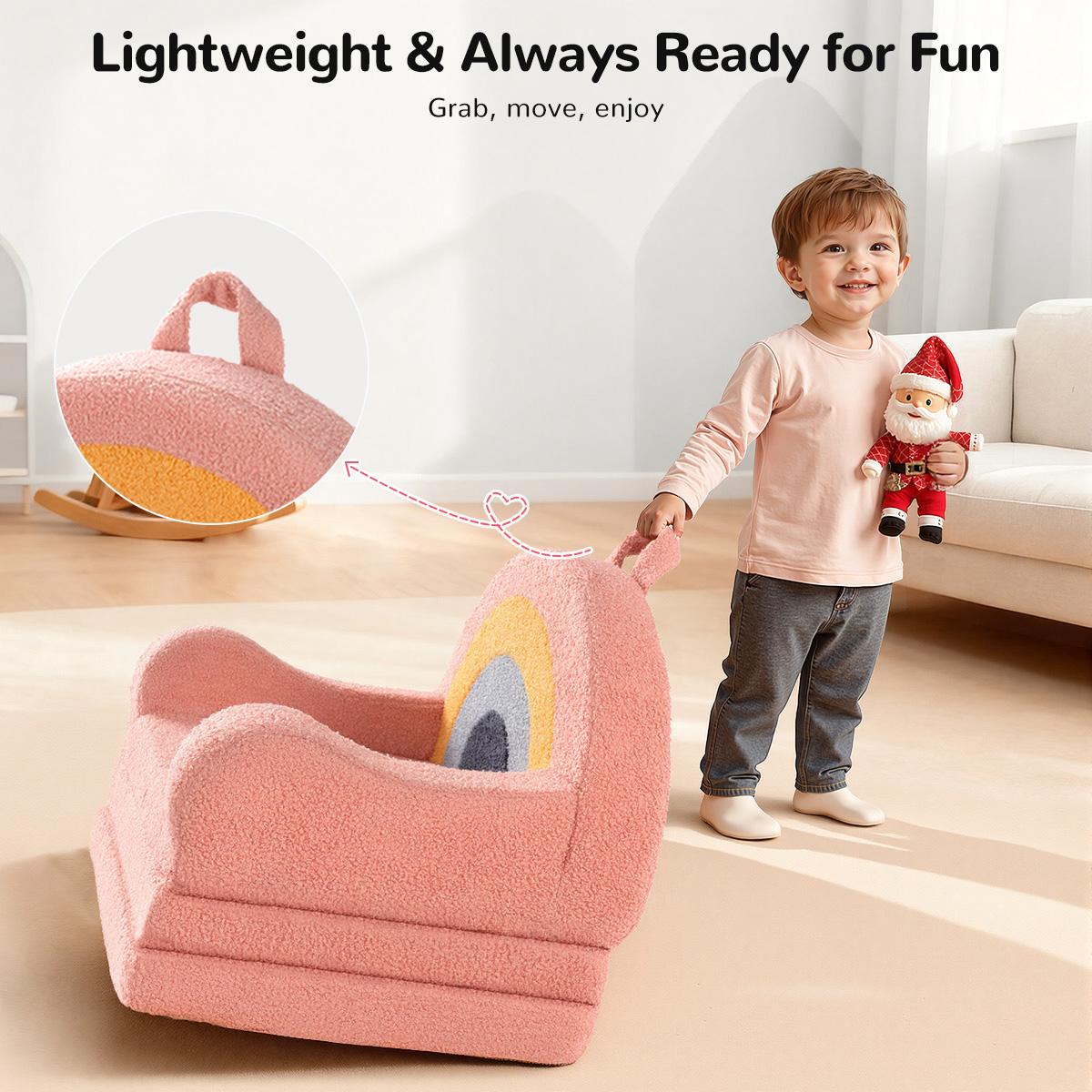 COMOMY Toddler Couch, 2 in 1 Kids Couch, Foldable Baby Soft Couch Chair for Boys and Girls Gift, Convertible Sofa to Lounger- Ideal for Napping, Reading, and Playing, Rainbow, Pink