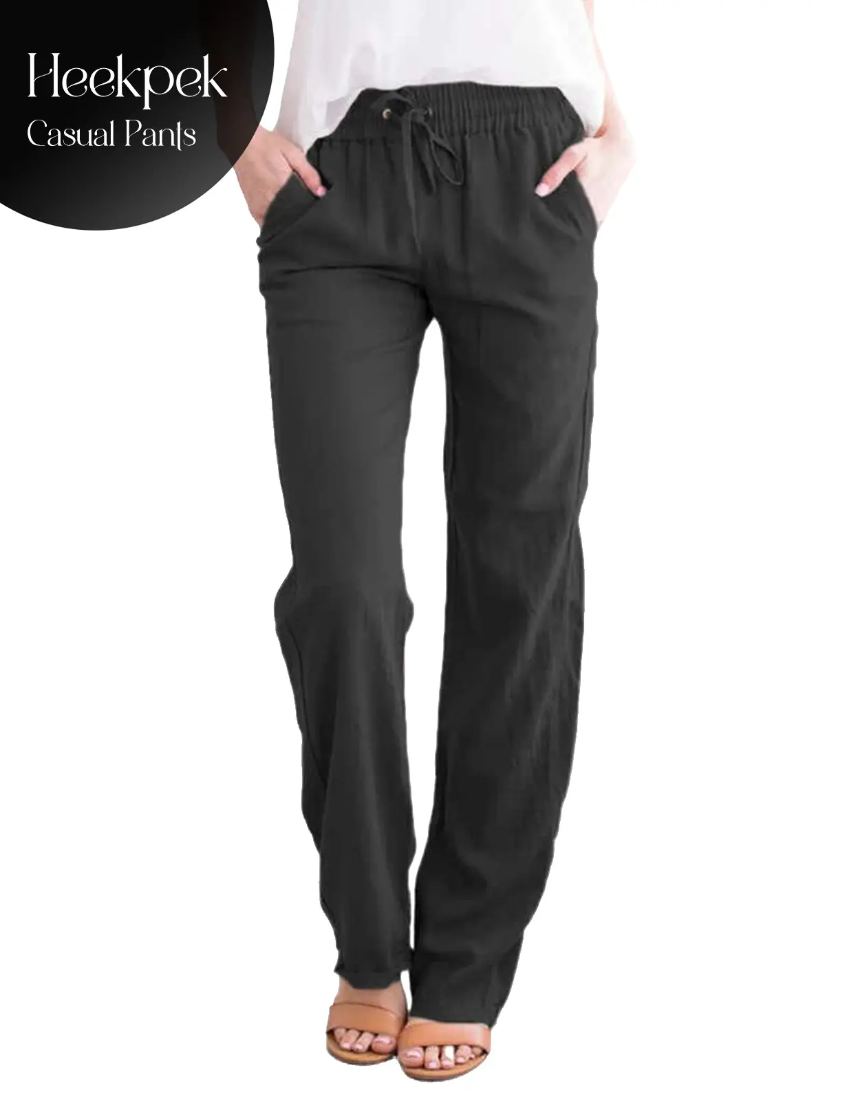 HEEKPEK Women's High-Waist Linen-Cotton Pants - Adjustable Drawstring, Loose-Fit, Side Pockets, Summer Casual SwimWeek Trousers