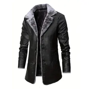 Men's PU Leather Fleece-Lined Biker Functional Coat - Insulated Long-Sleeve Tops for Fall, Winter Outdoor Activities Menswear Jacket