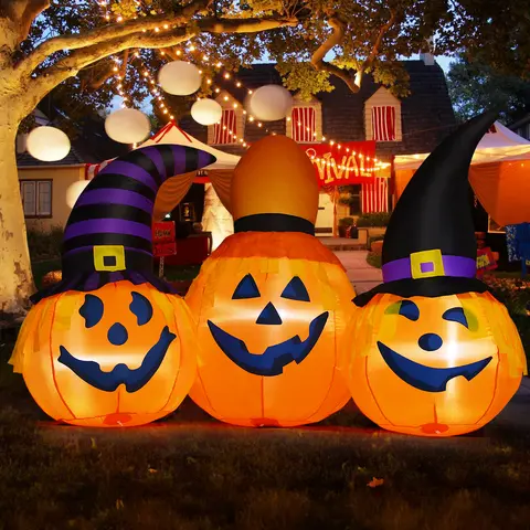 GOOSH 6.5 FT Waterproof Outdoor Inflatable Pumpkin Combo with Wizard Hat, Built-In Lights, Fast Inflation, CE & UL-Certified Adapter, Easy Setup & Storage, Durable Design, Halloween Decor for Kids, Decorative Artificial Pumpkins