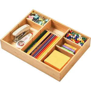Bamboo Desk Drawer Organizer, Wood Organizer Tray with Adjustable Dividers, Anti-Skip Storage for Office Bathroom Drawer Vanity Makeup Organization, 12" x 9"
