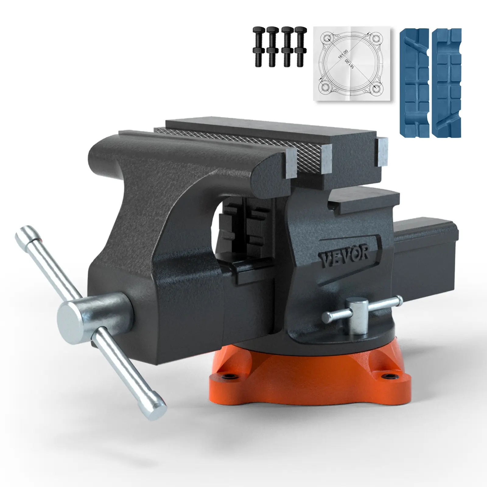 【summerfinds】VEVOR Heavy Duty Ductile Iron Bench Vise Hardware, 6.5" Jaw Width, 6.5" Forward & 9.3" Reverse Opening, 360-Degree Swivel Locking Base with Anvil, Includes Bolts & Nuts, Multipurpose for Drilling, Pipe Cutting, Parts