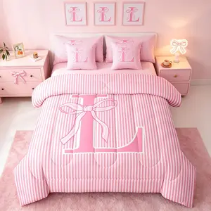 Pink Bowknot Comforter Set 7 Pieces Dreamy Princess Bow Bedding Set Personalized Letter L Bed in a Bag with Comforter,Sheets,Pillowcases,Cushion Covers Quilted
