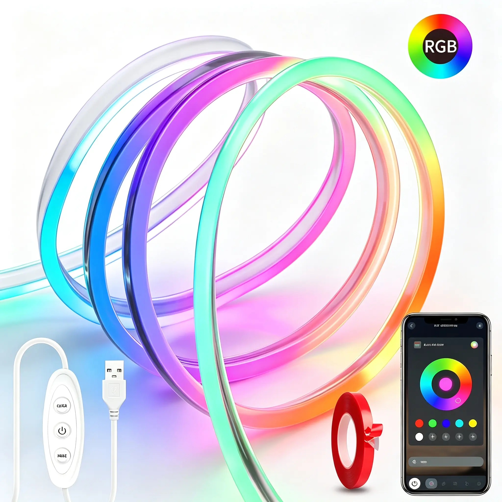 16.4FT RGB Neon Rope Lights – Dimmable with App Control, Smart LED Ambient Backlight for Decoration, TV, Computer, Bedroom & Living Room, Neon Accent Light, Ideal Christmas Gift  Led Lighted Led Strip Bulb