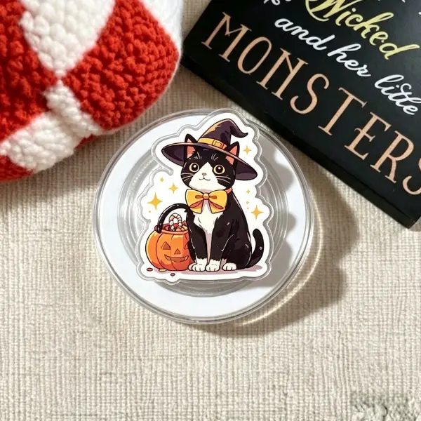 Halloween Witch Cat Tuxedo Kitty MagSafe Phone Grip, Cute Spooky Pumpkin & Bow PopSocket, Autumn Fall Cat Lover Accessory, Trick-or-Treat Gift, TikTok Viral Merch