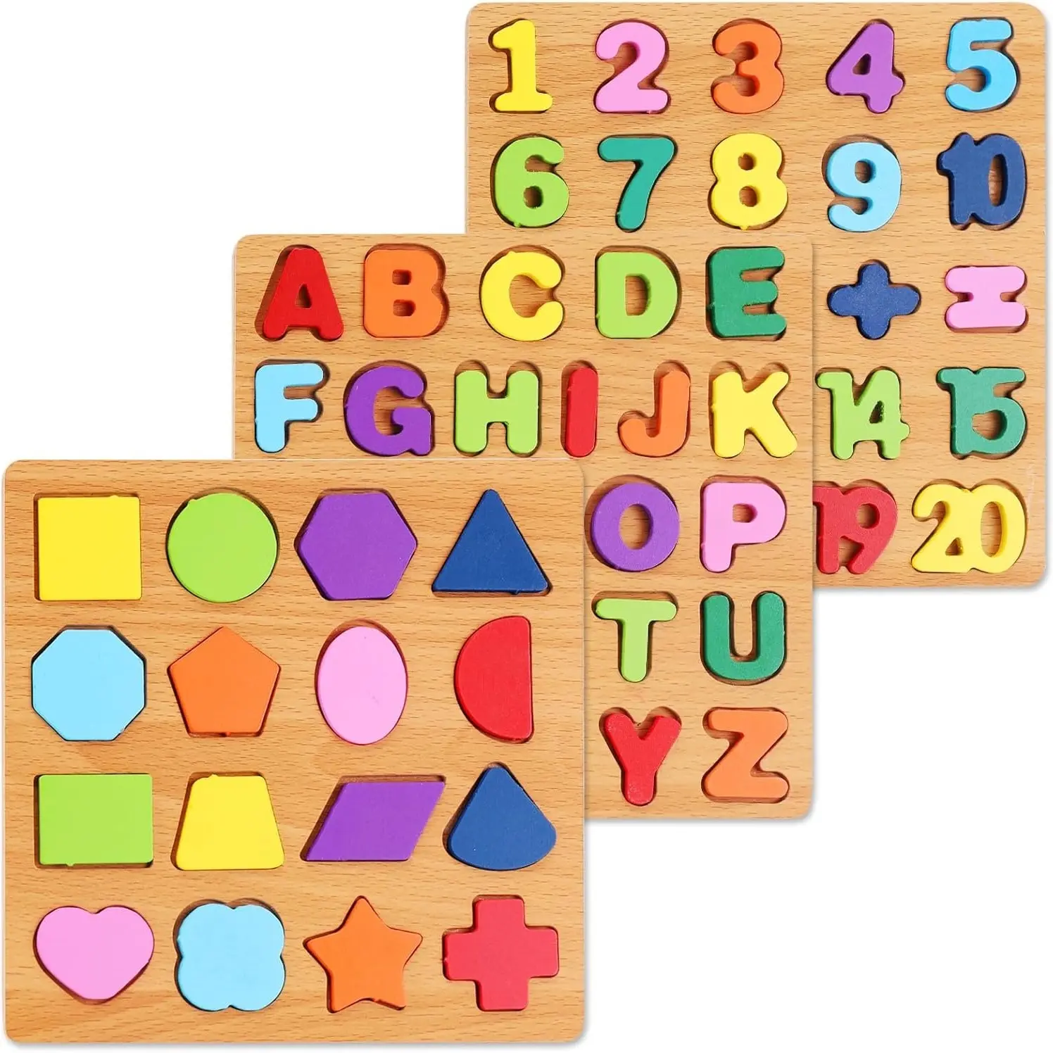 Alphabet Wooden Puzzles for Toddlers 3-5, Pack of 3 Abc Letter Puzzle, Number and Shape Puzzle, Preschool Educational Toys for Kids Ages 3-5, Wooden Puzzle Board