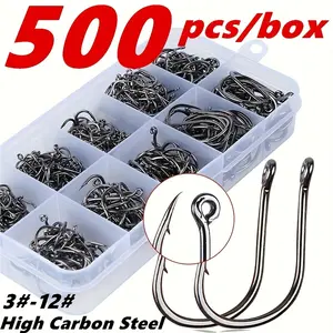 HUAPUDA 500pcs No. 3-12 Strong Carbon Steel Fishing Hooks, Sharp Single Hook With Barb, Fishing Accessories，Strong Sharp Fish Hook with Barbs for Freshwater/Seawater Box Fathersdaygift