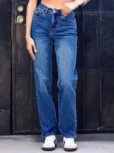 Women's Casual Loose-Fitting Denim Jeans, Water Washed Wide Leg Jeans, Natural Waist, All Seasons Wear, Elastic Fabric, Perfect for Dating, Womenswear