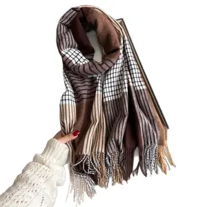 Autumn and winter new color matching plaid warm scarf shawl commuting versatile couple fringed cashmere scarf