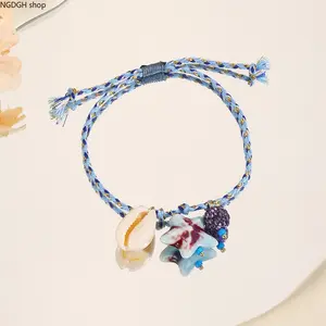 DIY Knotted Woven Bracelet for Camping & Hiking, Cross-Border European-American Popular Style, Colorful Rope with Ceramic Starfish, Shell & Small Fish Pendants (Sports & Outdoor Accessory)